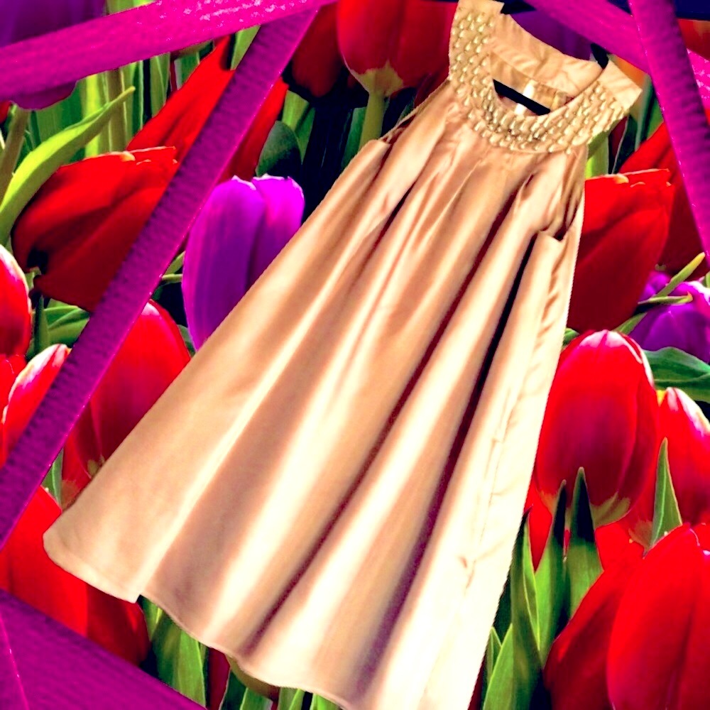TWELVE LAYERS beaded neck sleeveless Gold satin swing mini XS